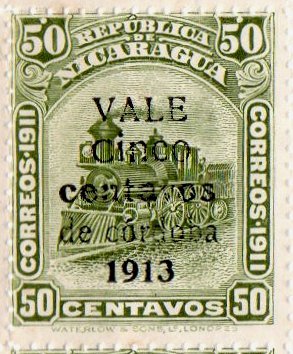 Nicaragua stamps 1913 surcharges Locomotive Large 'a' in 'centavos' variety
